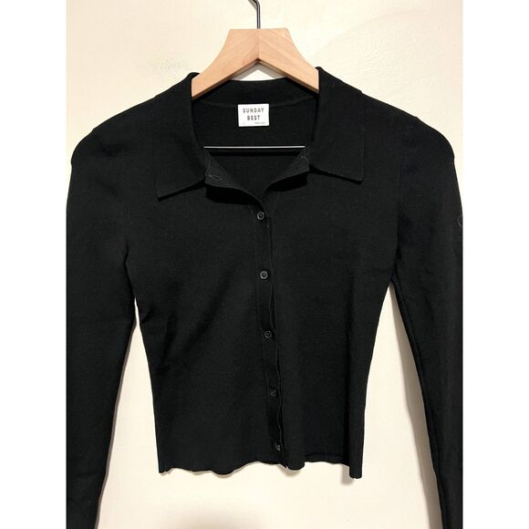 Aritzia Sunday Best Cece Sweater Button-up Polo Sweater Black Size Small - Picture 2 of 7